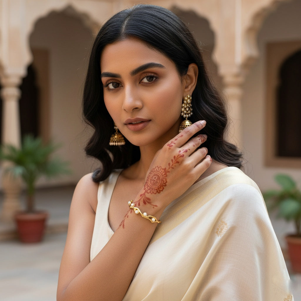 Pearl Gold Bangle Bracelet (Free Size)